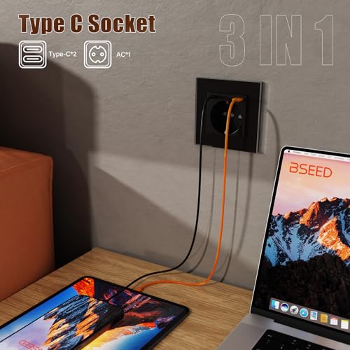 BSEED Steckdose mit USB C(5 V 2.1A),Unterputz Steckdose (Typ C und Typ C),16A 250V 1 Fach Wandsteckdose,2*USB C Einbausteckdose Geeignet für Phone,Pad-86mm*86mm,Schwarz