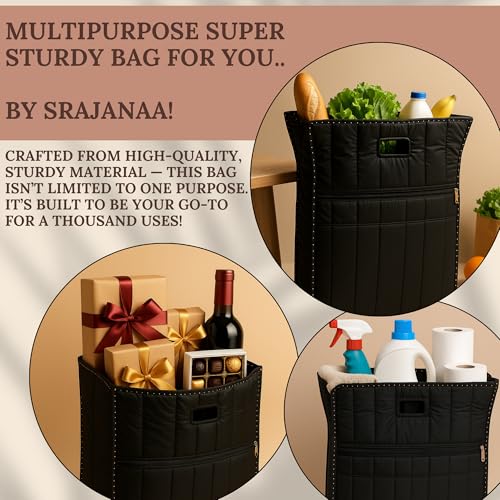 Image of Heavy Duty Waterproof Grocery Bag | Reusable Shopping Tote for Vegetables, Fruits, Kitchen Essentials | Eco-Friendly Jhola Carry Bag with Full Handles - Black