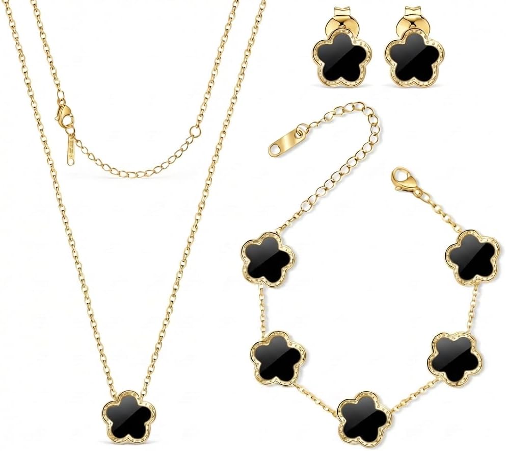 SHINYY Five Leaf Clover Jewelry Set for Women | 18K Gold Plated Bracelet Necklace Earrings | 5 Leaf Lucky Pendant and Ear Studs for Her