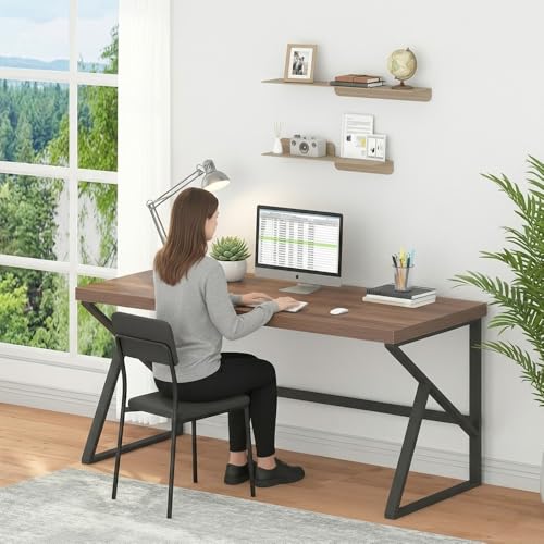 Image of Modern Industrial Study Table for Home & Office | Wooden Computer Desk with Strong Metal Frame | Writing Desk | Office Table | Rustic Brown | 120 x 60 x 75 cm
