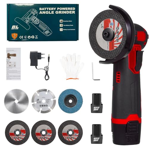 Mini amoladora angular con batería, 500 W, 12 V, amoladora angular sin cable, con 2 baterías de 1300 mAh, cargador, amoladora angular eléctrica de 3 pulgadas/76 mm para cortar y pulir