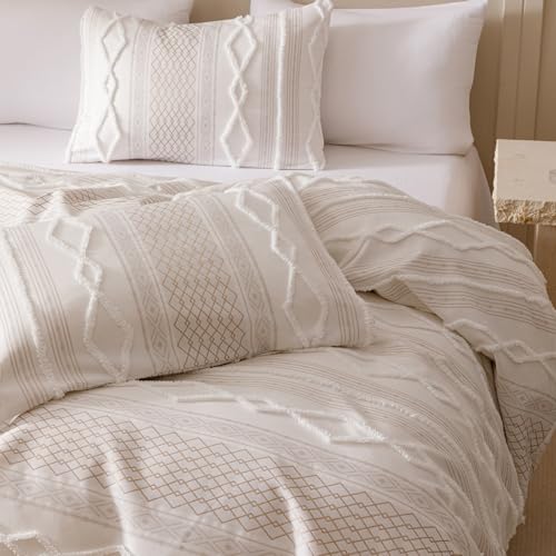 Image of KAREVER Ivory Boho Comforter Set Full Mixed Textures Jacquard Bedding Set Durable Chic and Stylish Bedroom Set