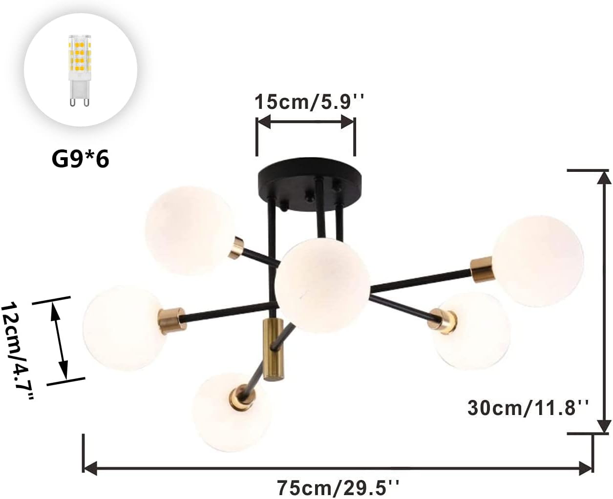 Mid Century Black and Gold Chandelier 6 Lights Semi Flush Mount Ceiling Light Fixtures Vintage Sputnik Globe Chandelier for Bedroom Living Room Hallway