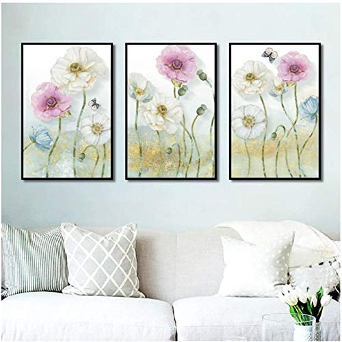 Toile pavot bleu rose blanc 50x70cm, affiche fleur moderne et grand format pour déco murale salon