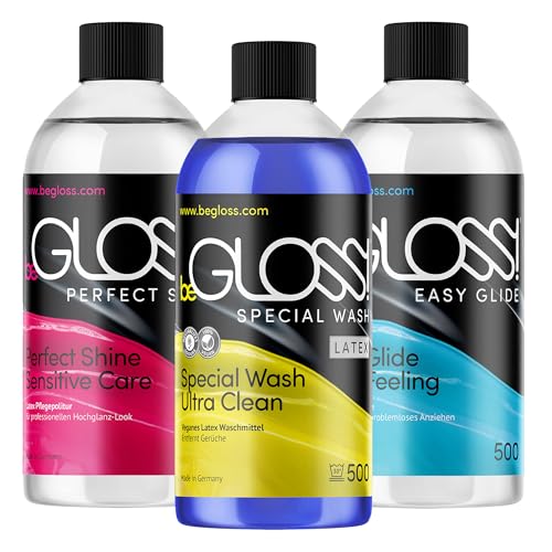 Latex Pflege Komplett SET 3 x 500 ML - Easy GLIDE - Perfect SHINE - Special WASH LATEX - Silikon Öl Gummi Silicon Anziehhilfe Waschmittel