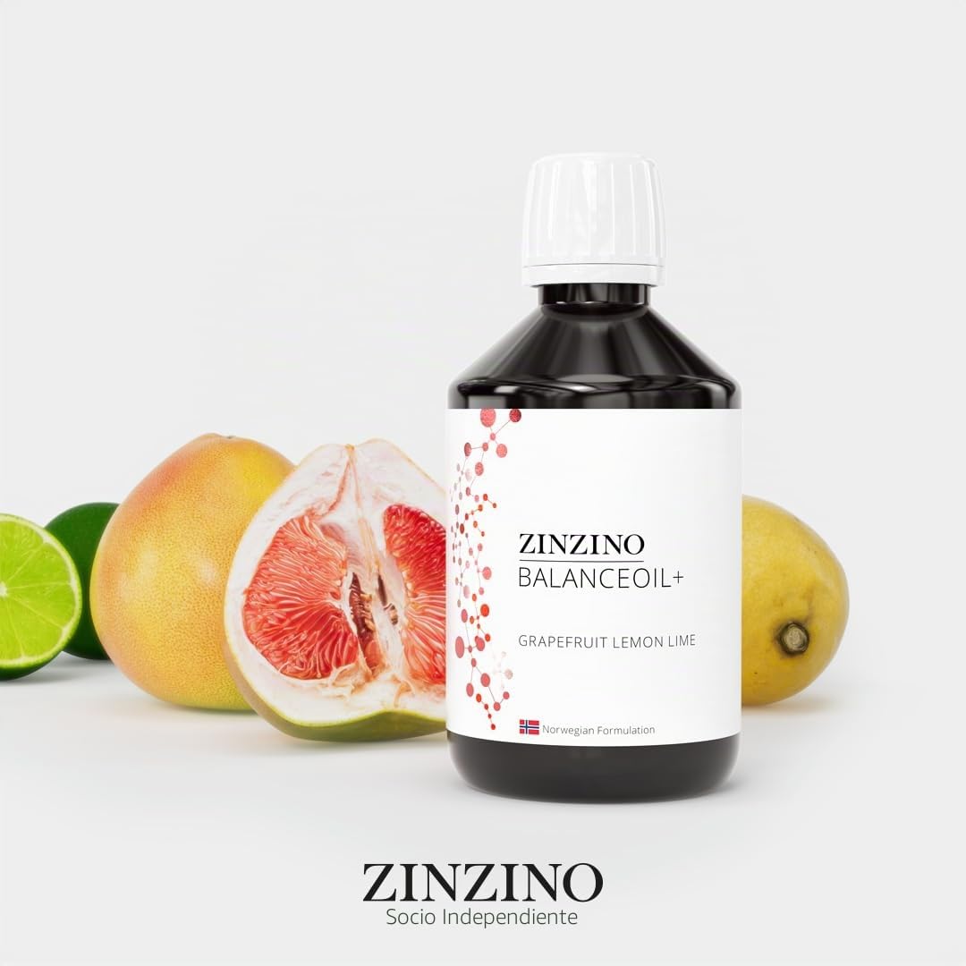 ZinZino BalanceOil+ Aceite de pescado Omega-3 2478 mg, Omega-9, Vitamina D3, Tocoferol, DHA, EPA con aceite de oliva, pomelo, limón y lima, 300 ml