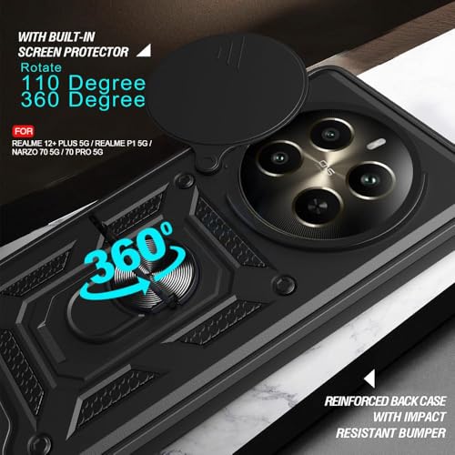 Image of AIBEX Back Cover for Realme Narzo 70x 5G / N65 / Realme 12 5G / 12X 5G / C65 5G Bumper Back Case Cover | Ring Holder & Sliding Camera Shield Cover | 360 Degree Protection Back Case Cover