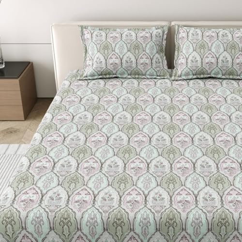 Image of Mafatlal 186 Tc Corsica King Size Bedsheet Cotton | 274 X 274 Cm | Luxurious Breathable Fabric Flat Sheet for Sleeping Comfort | Bedding with 2 Pillow Covers | Brook Green
