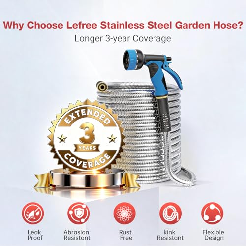 Lefree 100ft Metal Garden Hose - Heavy Duty 304 Stainless Steel Flexible Water Hose, No Kinks & Leak-Proof with Upgraded Handle, 10-Function Spray Nozzle & 4 Spare Gaskets for Yard, RV, Pet Bath - Image 3