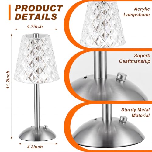 Image of Liliful 2 Pcs Cordless Table Lamp Rechargeable Touch LED Small Gold Portable Battery Operated USB-c Desk Lamp 3 Color Dimmable for Bedroom Living Room Dining (Silver,Diamond Style)