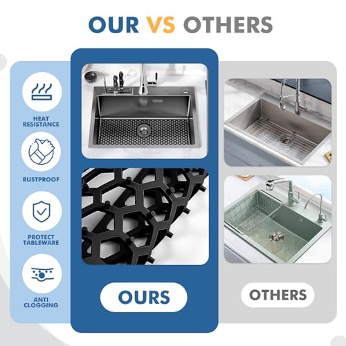 Bestjing Silicone Sink Protectors for Kitchen Sink with Rear Drain - 26\"x 14\" Kitchen Protector Accessory, Non-Slip Heat Resistant Grid Mat for Bottom of Farmhous Stainless Steel (Rear Hole, Black)