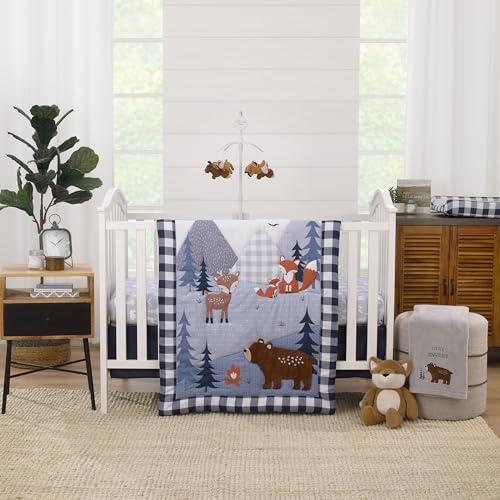Image of NoJo Little Love National Park Navy Buffalo Check, Gray, Blue, and Brown Camping Bear, Deer, and Fox 3 Piece Nursery Crib Bedding Set - Comforter, Fitted Crib Sheet, and Crib Skirt