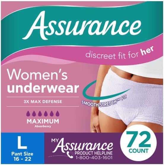 Assurance Womens Maximum Absorbency Incontinence & Postpartum Underwear Large 72 Count. (Pack of 1) Lavender.
