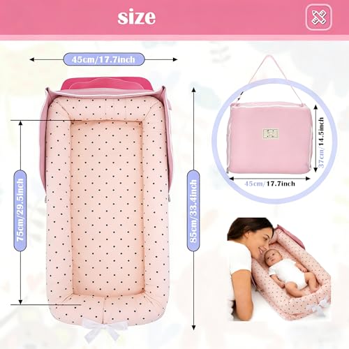 Image of Baby Lounger for Newborn Portable Bag,Baby Nest Play Gym mat with Strap,Newborn Lounger Adjustable Size & Inner Zipper Lengthen Space to 24 Months(Pink Polka Dots)