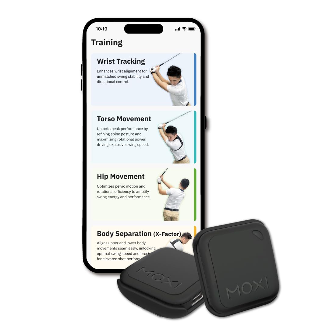 MOXI SwingMotion Golf Swing Analyzer – Dual Wearable IMU Sensors for Real-Time BioFeedback & 3D Visualization via App – Improve Wrist, Torso, Hip & X-Factor with 4 Training Modes