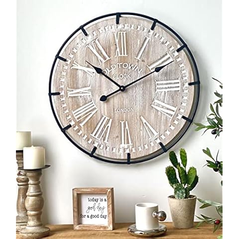 24 Inch Oversized Famhouse Wall Clock, Rustic Antique Wood with Metal Circle and Large Engraved Numerals, Silent Battery Operated for Office Kitchen Bedroom Living Room Cover