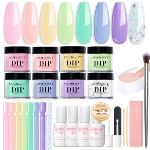 AZUREBEAUTY 30Pcs Dip Powder Nail Kit Starter, Pink Pastel Blue Green Glitter 8 Colors Summer Macarons Dipping Powder Liquid Set with Base/ Matte Top Coat/ Activator/Nail Sticks Easter Gift