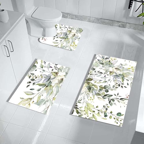 MUGINYU Green Leaves Bathroom Rug Set 3 Piece, Spring Floral Boho Quick Dry Bath Mat Set of 3,Eucalyptus Plant MinimalistThin Rubber Diatomaceous Earth Absorbent Non Slip Rugs