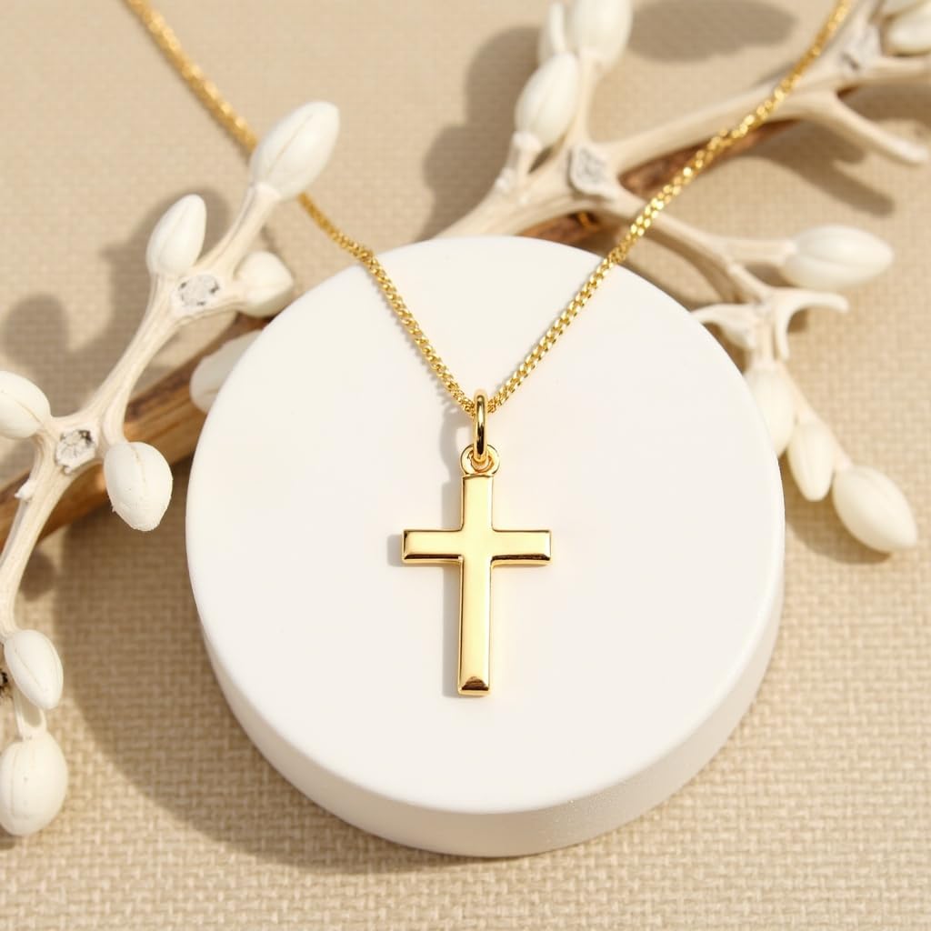 Alexander Castle Collar de cruz de oro macizo de 9 quilates pequeño y simple para mujeres y niños, colgante de cruz con cadena de oro de 9 quilates de 45 cm y caja de regalo de joyería - 22 mm x 12 mm