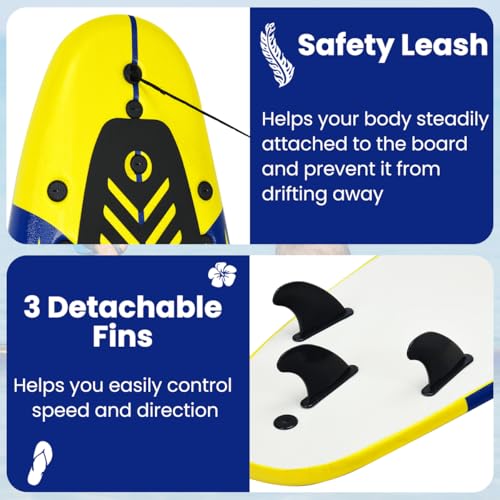 KOTEK 6\' Surfboard, Surfing Board with 3 Removable Fins, Safety Leash, EPS Core & EPE Deck, Lightweight Surf Board for Teenagers, Adults, Beginners (Yellow+Blue) - Thumbnail 4