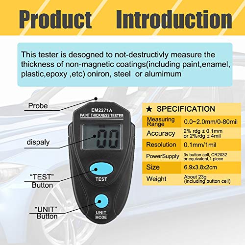 TANGIST High Accuracy EM2271 Mini Thickness Gauge Electronic Width Measuring Instruments Car Paint Thickness Meter Paint Coating Thickness Tester Tool (Color : Black)
