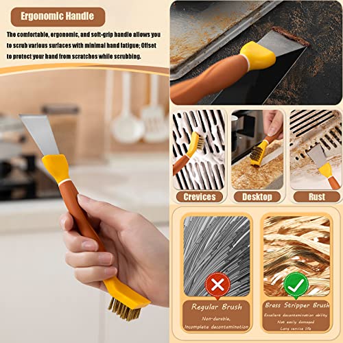 Image of Copper Wire Brush with Scraper - 2-in-1 Dual-Head Cleaning Tool for Kitchen, Bathroom, Garage and More - Ergonomic TPR Handle (Yellow)
