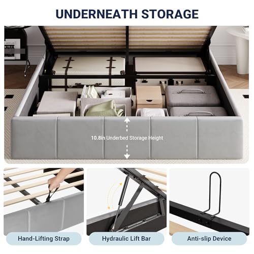 Image of Allewie Full Size Velvet Lift Up Hydrualic Storage Bed Frame, Grey