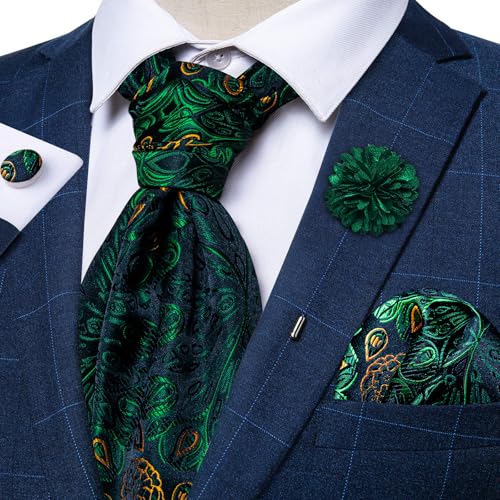 Image of DiBanGu Mens Silk Ascot Ties Paisley Jacquard Woven Cravat and Pocket Square Cufflinks with Lapel Pin for Business Wedding