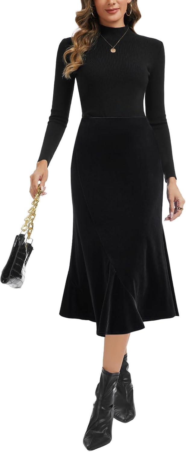 Women's Elegant Velvet Midi Skirt High Waist Asymmetric Flared Mermaid Hem - Image 2