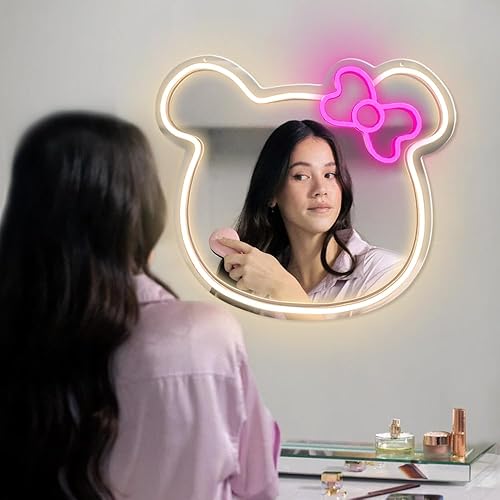 Miniatura 5 de Colyso - Espejo de neón con diseño de gato de anime, lindo dormitorio de gato, decoración de pared, espejo de neón iluminado con regulable para