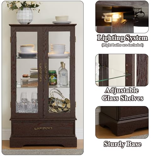 Image of 47 inch H Lighted Curio Cabinet Display Case, Glass Case with Adjustable Shelves,Tempered Glass Door and Drawer, Wooden Curio Cabinet with Mirrored Back Pane for Living Room (Dark Cherry)