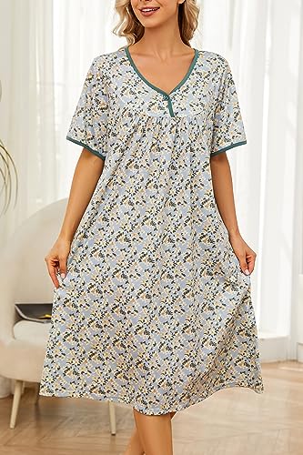 Image of AVIIER Nightgows for Women Soft Cotton Night Shirts Short Sleeve Sleepwear with Pockets