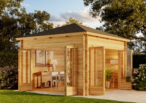 Alpholz Gartenhaus Sunshine ISO mit großer Falttür aus Holz in braun Holzhaus Wandstärke: 40 mm Blockbohlenhaus