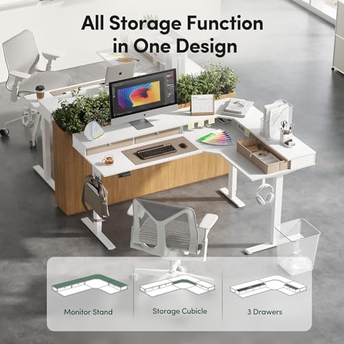 Image of CubiCubi L Shaped Standing Desk with Drawers 63 x 48 Inch Adjustable Height, Electric Corner Desk with Storage, Sit Stand Home Office Desk with Splice Board, White