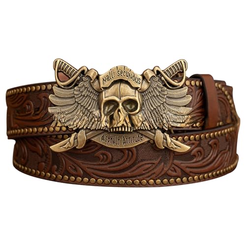 Skull Wings PU Leather Belt, Western Cowboy Crossed Swords Buckle Engraving Belt Retro Punk Belt for Jeans