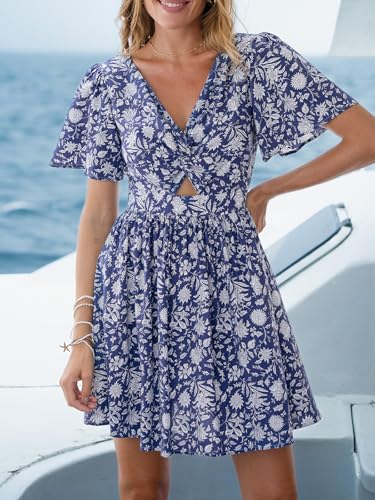 Image of CUPSHE Women's Summer Dresses Casual V Neck Short Sleeve Cutout Smocked Short Flowy Beach Mini Dress