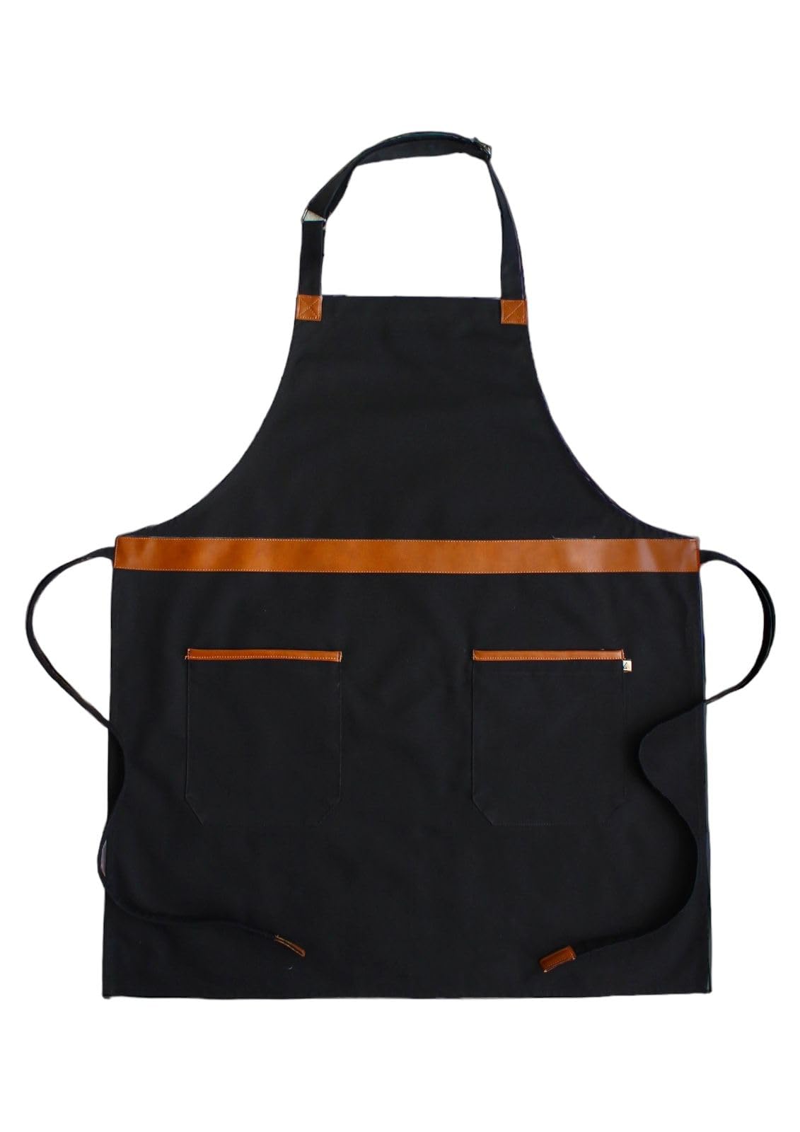 BLACONYX Unisex Pure Cotton Apron with Vegan Leather Detailing Pockets for Male & Female, Black Colour (31x26 Inches)