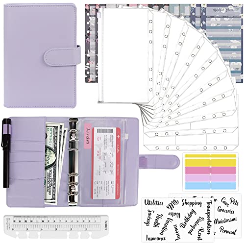 Mlife Budget Binder Set - 28pcs Leather Ring Notebook with Clear Cash Envelopes Budget Sheets and Label Stickers Money Saving Binder Organizer for Travel and Diary Purple