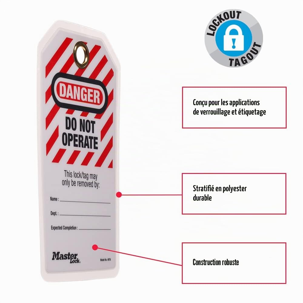 Master Lock 497A Etiquette de Sécurité "Danger Do not Operate" pour consignation des installations mécaniques ou électriques, pack de 12 avec attaches
