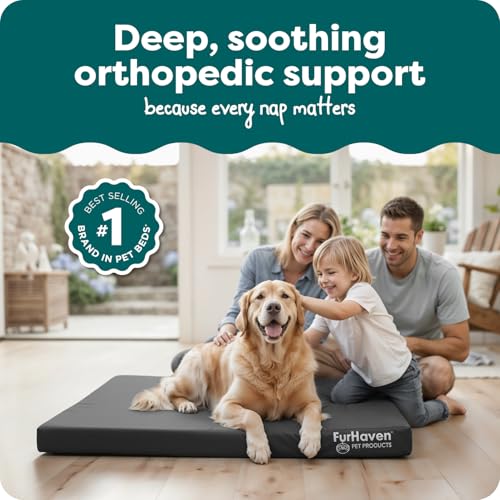 Image of Furhaven Water-Resistant Orthopedic Dog Bed for Large Dogs w / Removable Washable Cover, For Dogs Up to 95 lbs - Indoor /Outdoor Logo Print Oxford Polycanvas Mattress - Stone Gray, Jumbo /XL