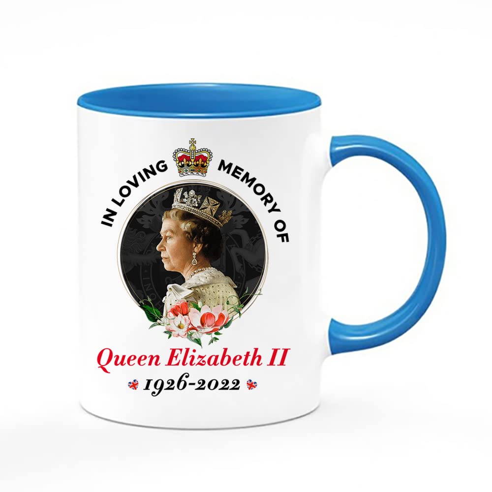 Giftme in Loving Memory of Queen Elizabeth II Majesty Coffee Tea Mug 11oz Inside Coloured Ceramic Mug. (Blue)