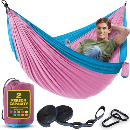 Image of Durable Hammock 500 lb Capacity, Nylon Camping Hammock Chair - Double or Single Sizes w /Tree Straps and Attached Carry Bag - Portable for Travel /Backpacking /Beach /Backyard (Large, Fuchsia & Sky Blue)