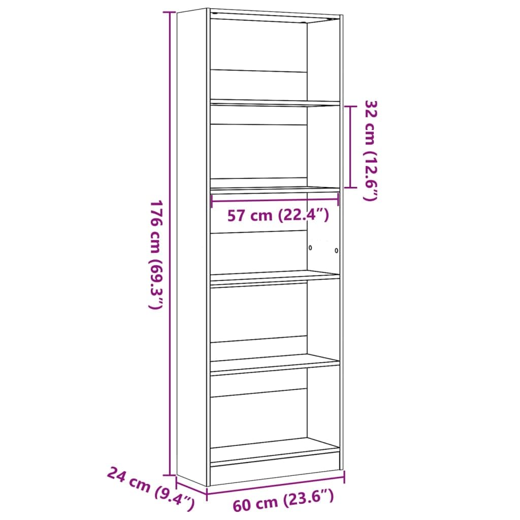 Estantería para libros, color gris hormigón, 60 x 24 x 176 cm, diseño moderno, versátil en el salón, dormitorio, oficina, pasillo, estantería pequeña con compartimentos abiertos para libros