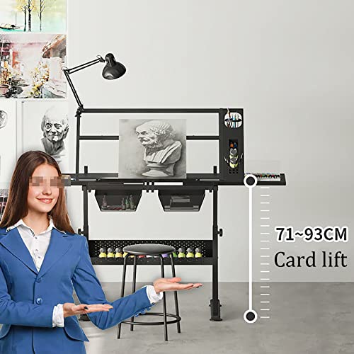 Drafting Desk, Adjustable Height Drawing Table, Drafting Table, Tiltable Drawing Tabletop with Tempered Glass, Drawing Table Artist Desk with 2 Drawer