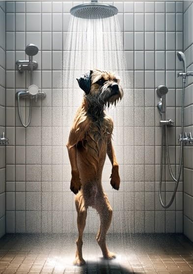 Parksmoonprints A4 Border Terrier In Shower Print - Funny Dog in Bathroom Picture - Animal on Toilet Wall Art - Loo Bath Sign Quote Gift - Pet Portrait Ensuite