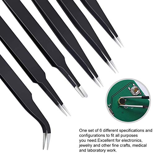 InkOcean 6 Pc Precision Tweezers Set, Upgraded Anti-Static Stainless Steel Curved of Tweezers for Electronics, Laboratory Work, Jewelry-Making, Craft, Soldering 3