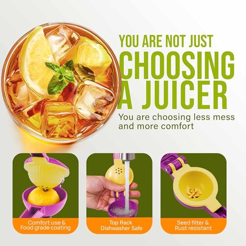 Image of Zulay Kitchen Metal 2-in-1 Lemon Squeezer - Sturdy Max Extraction Hand Juicer Lemon Squeezer Gets Every Last Drop - Easy to Clean Manual Citrus Juicer - Easy-Use Lemon Juicer Squeezer - Purple /Yellow