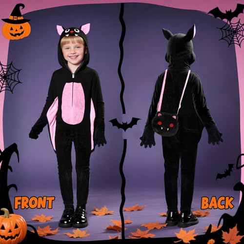 Image of Halloween Bat Costume for Girls, Kids Onesie Costume with Bat Wings, Ears, Paws, Candy Bag, Cute Animal Costume, Dress-Up, Birthday or Any Occasion (5-6Years)