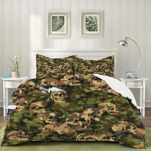 Image of Green Camo Comforter Set King: 1 Comforter 2 Pillowcases, Camouflage Skull Bedding Set for Boys Adults Men, Army Hunting Gothic Skeleton Quilt Bedroom Decor