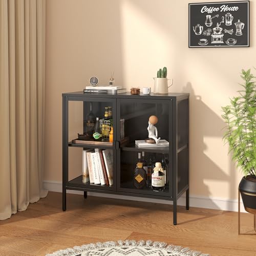 [en.casa] Vitrina Borshavisa Aparador para salón con Estante 2 Puertas de Cristal Transparente 2 Compartimentos Cerrados Mueble Auxiliar para Cocina Comedor Oficina Acero 80 x 80 x 35 cm - Negro
